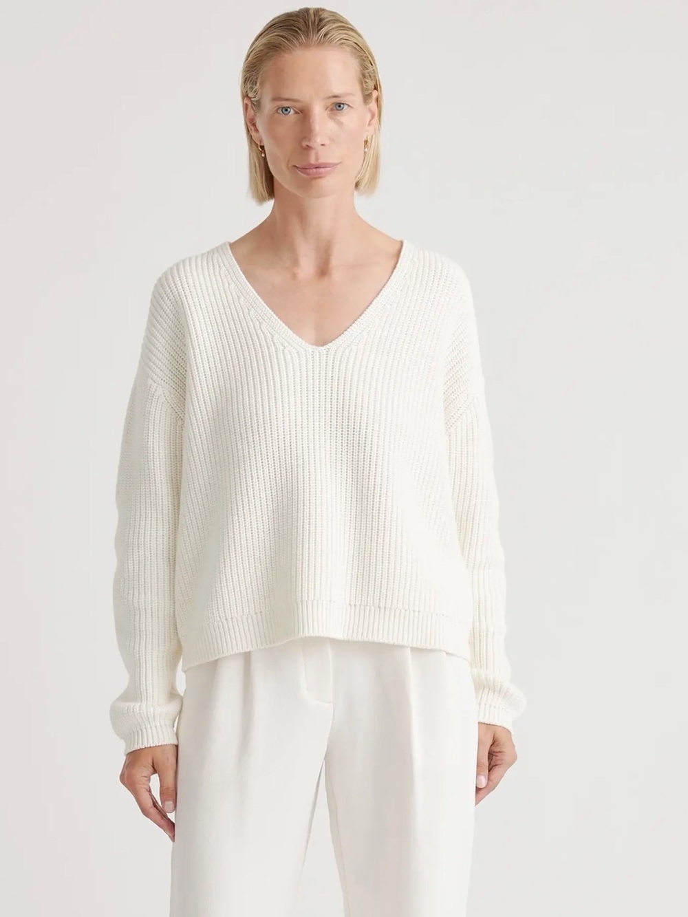Quince Women's 100% Organic Cotton Fisherman V-neck Sweater Ivory Small